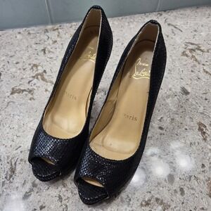 Christian Louboutin Black Snakeskin Peep Toe Pumps Heels Size 38